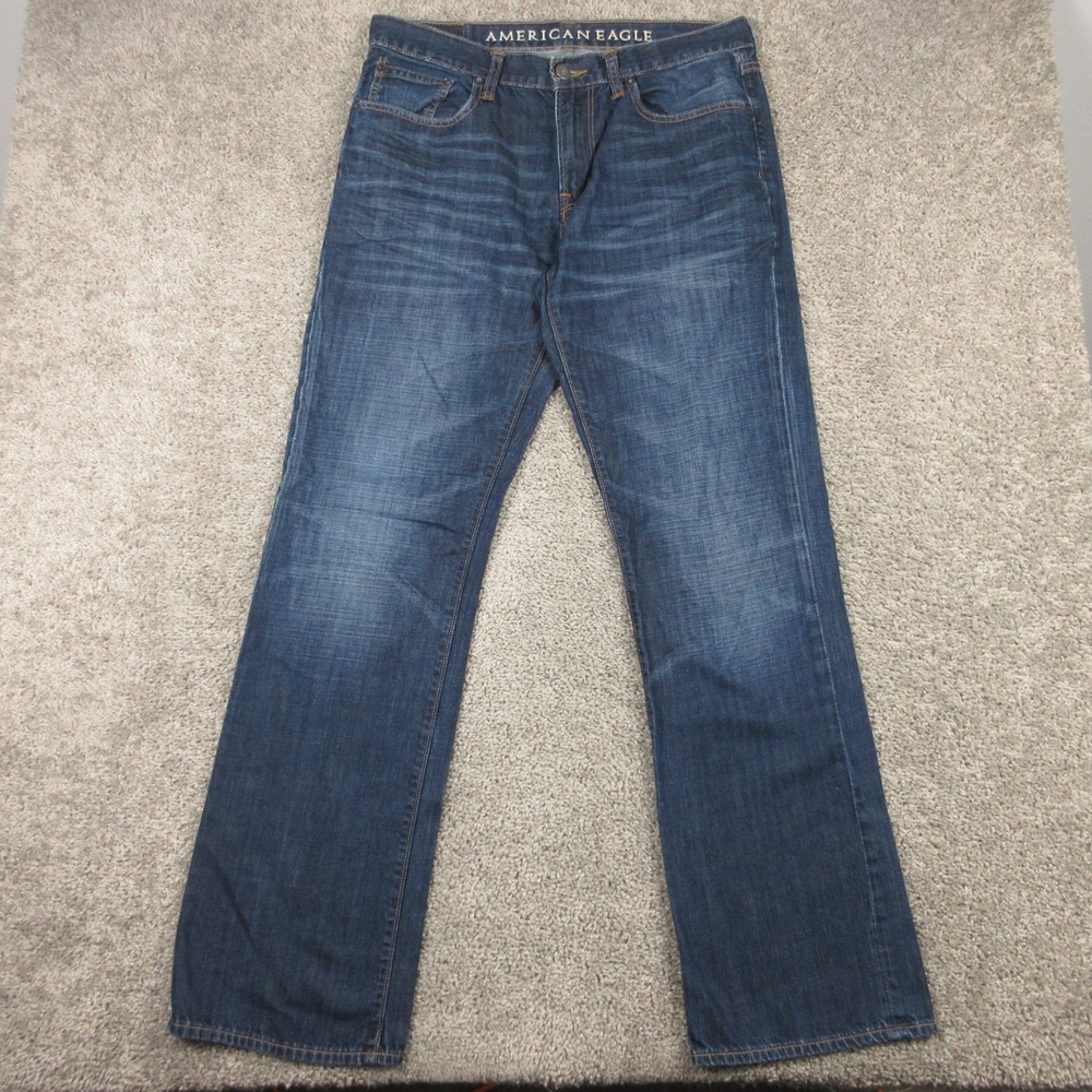 American Eagle Jeans Mens 34x36 Blue Bootcut Fade Whisker Cowboy Denim Pants Zip